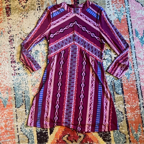Free People Stella Printed Pink Purple Graphic A Line Mini Dress size L - Picture 2 of 7